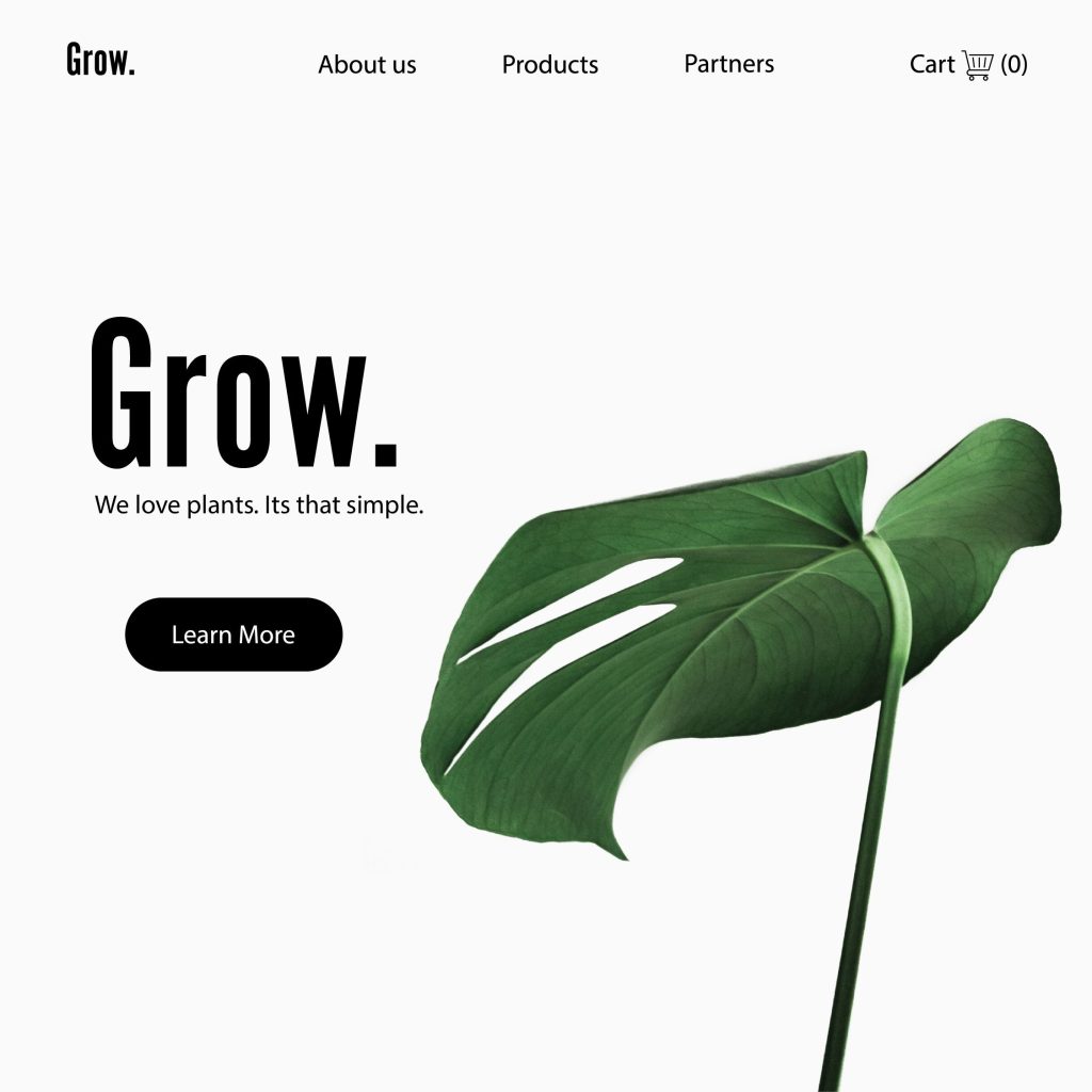 Minimalist website landing page design featuring a green plant and call-to-action for brand growth