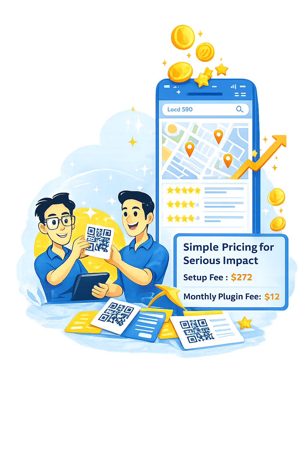 Illustration of QR code marketing boosting Google Local 3-Pack rankings, showing 5-star reviews, rising SEO growth, pricing details, and reputation management tools in blue and orange brand colors.
