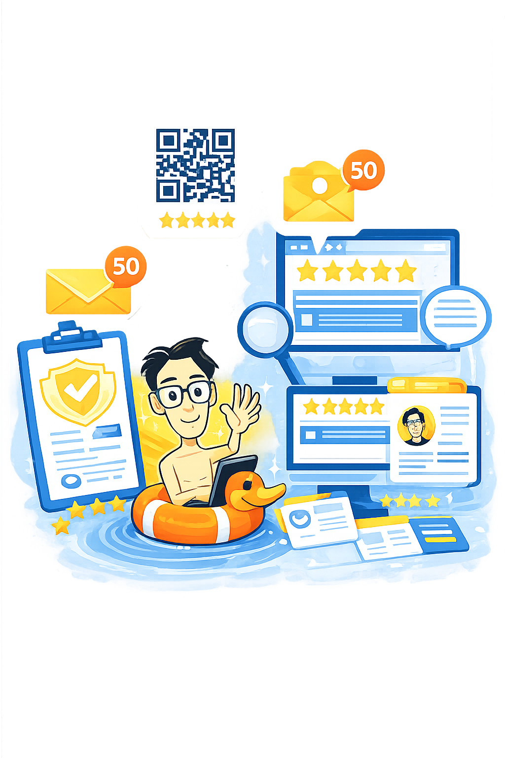 Illustration of online reputation management showing 5-star reviews, Google Local 3-Pack ranking on a smartphone, QR codes, email outreach, and a review shield system in blue and orange brand colors.