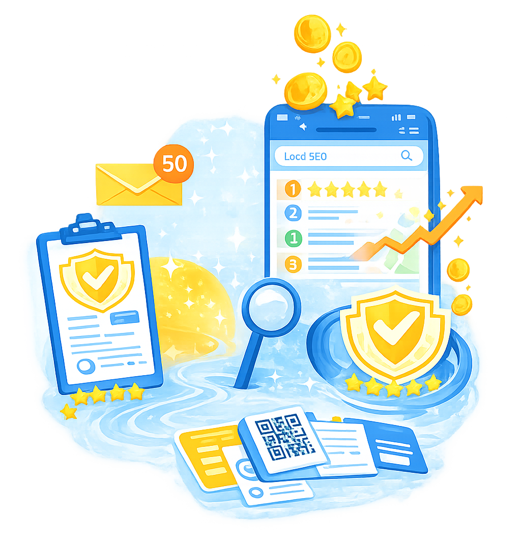 Online reputation management illustration showing QR code review requests, 5-star ratings, email outreach notifications, Google Business profile optimization, and review protection system in blue and orange brand colors.